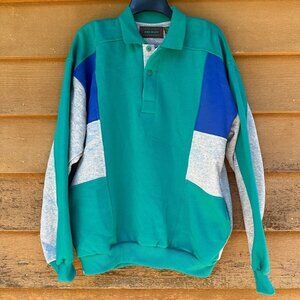 Vintage James McLeith Collard Sweater  Teal Grey Blue With Pockets Sweatshirt Si